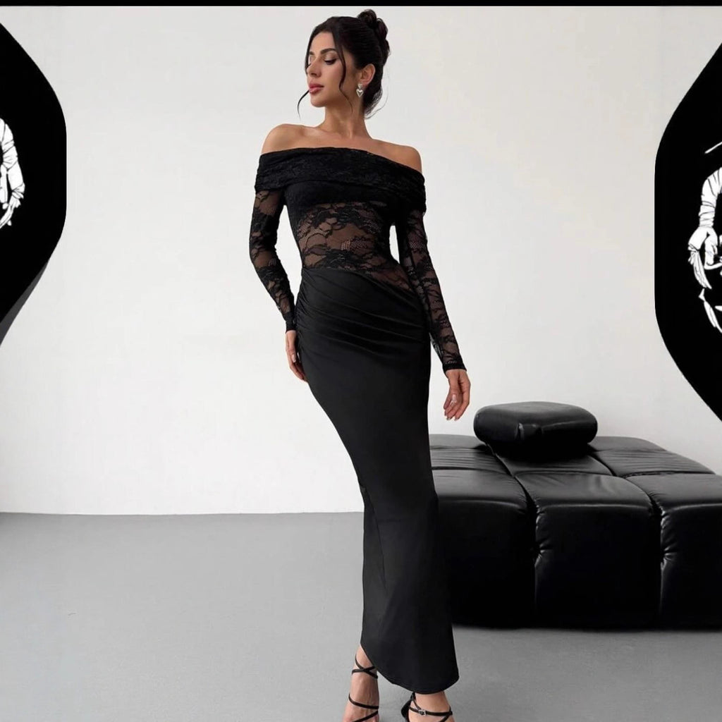 Womens Sexy Hollow-Out Lace Long-Sleeve Dress