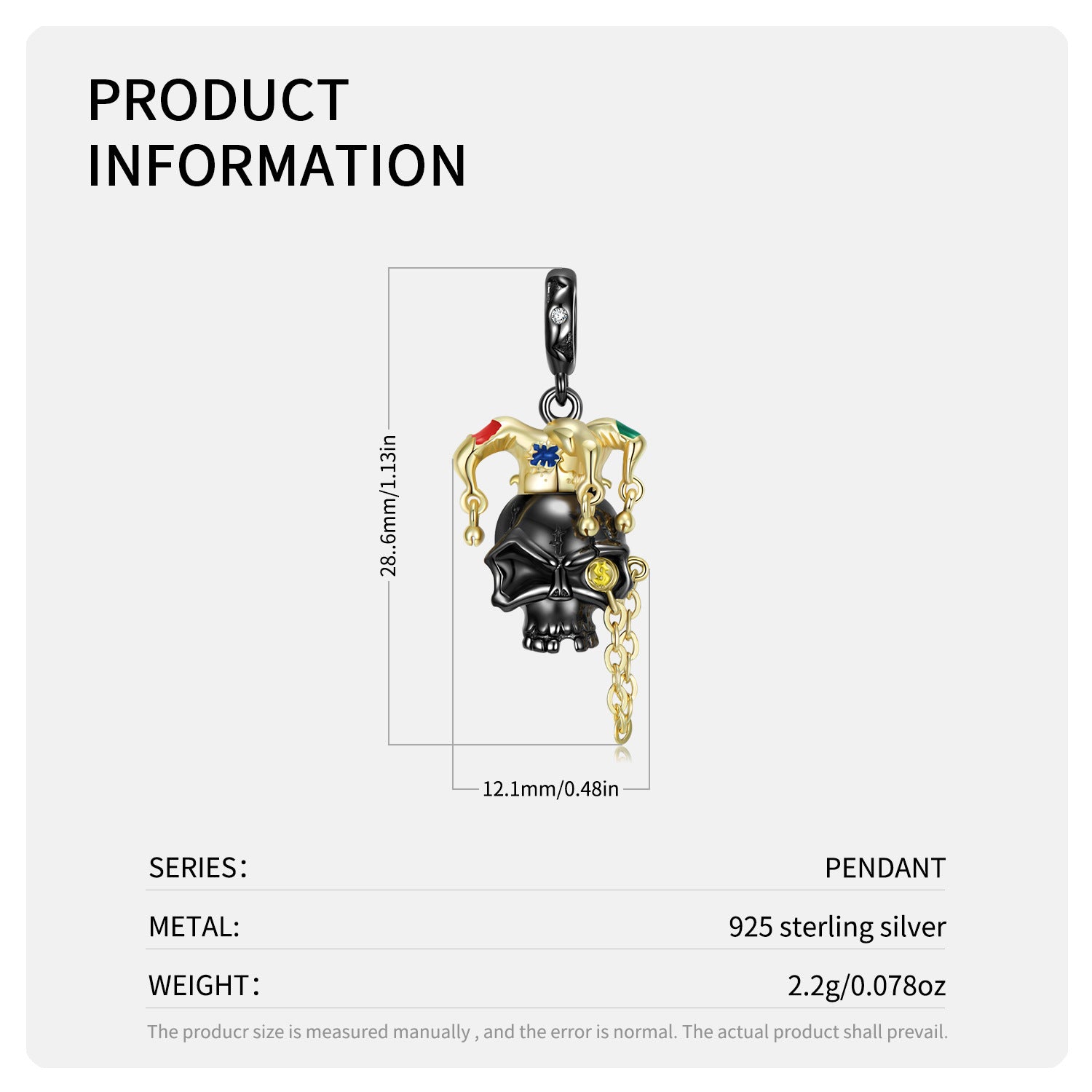 Clown Skull Necklace Gold Plated Skull S925 Silver Jewelry