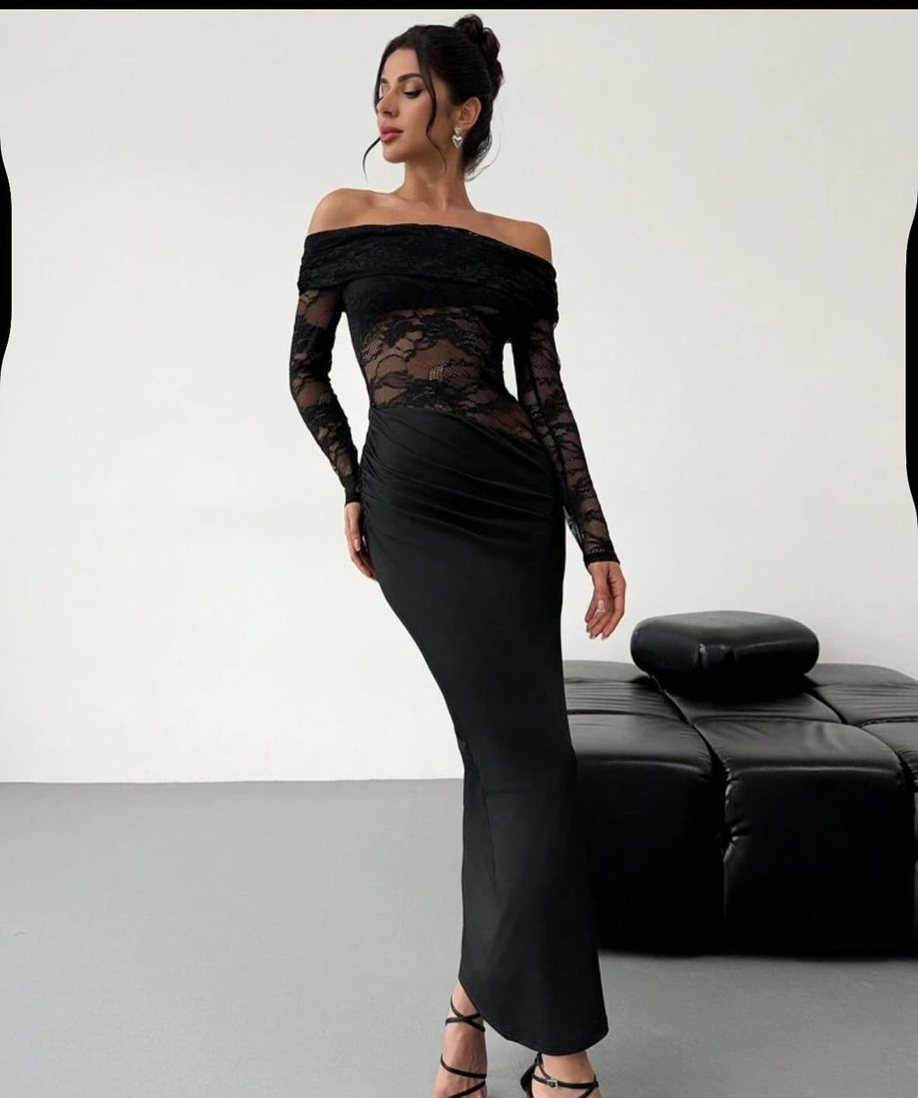 Womens Sexy Hollow-Out Lace Long-Sleeve Dress