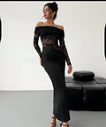 Womens Sexy Hollow-Out Lace Long-Sleeve Dress