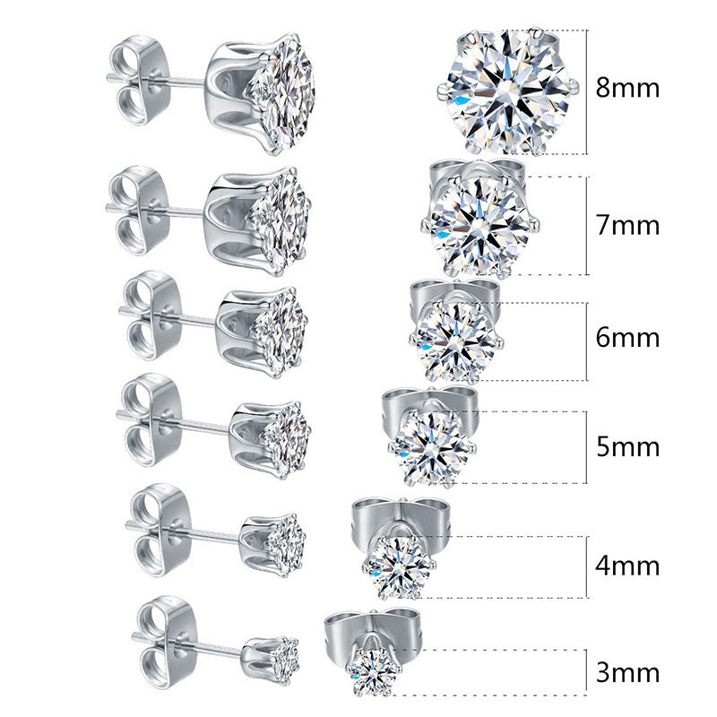 Stainless Steel Crown Six-Prong Round Zircon Stud Earrings