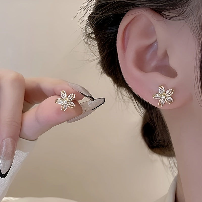 1 Pair Vintage Elegant Five-Petal Flower Stud Earrings With Sparkling Rhinestones, Perfect For Women's Daily Wear Or As A Gift For Women & Sisters
