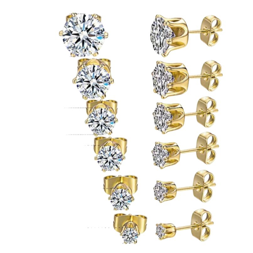 Stainless Steel Crown Six-Prong Round Zircon Stud Earrings
